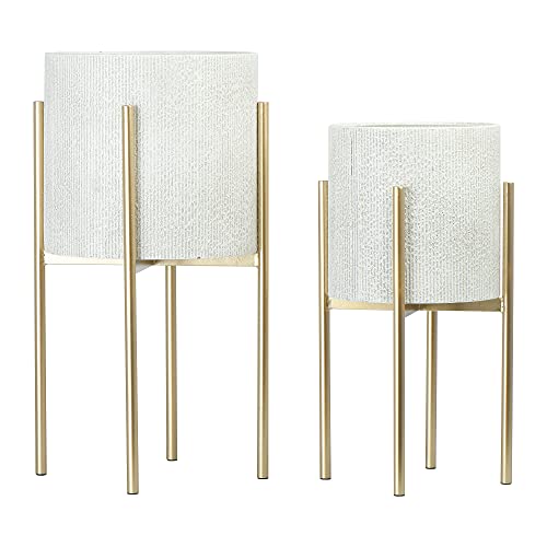 Main + Mesa Modern Boho Embossed Metal Planters with Stands, White and Gold, Set of 2 Sizes - color: Light Grey With Gold Stand
