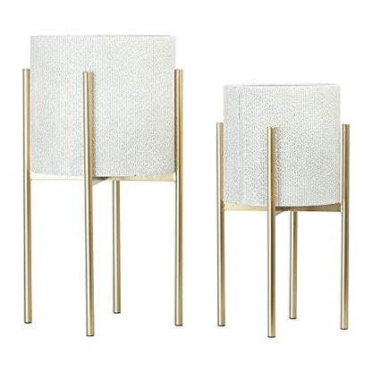 Main + Mesa Modern Boho Embossed Metal Planters with Stands, White and Gold, Set of 2 Sizes - color: Light Grey With Gold Stand