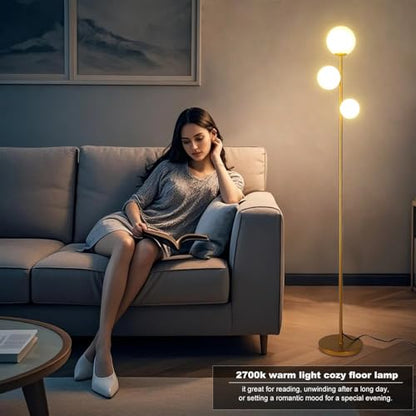 Fiqevs 3 Globe Floor Lamp Mid Century Modern, Gold Standing Lamp with Frosted Glass Shade & LED Bulbs, Tall Pole Light with Foot Switch for Living Room Bedroom Office - Antique Brass - color: 3 Globe- Gold