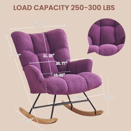 Rocking Chair Nursery Teddy Upholstered Glider Rocker Rocking Accent Chair Padded Seat with High Backrest Armchair Comfy Side Chair for Living Room Bedroom Offices (Purple Teddy) - color: Grape Purple