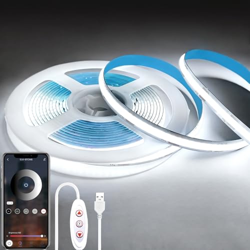 COB LED Strip Lights 6.6FT,6000K 5V USB Powered Dimmable White | Flexible Light Strip TV LED Backlights，8mm Width LED Rope Lights with App Control for Living Room,Kitchen，Shelf, Cabinet - color: White, size: 6.6ft