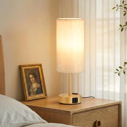 Gold Touch Bedside Lamp for Bedroom, Stepless Dimmable, USB A+C, AC Outlet | Base Touch Button Only, Memory Brightness, Ultra-dim Night Light, Included Bulb for Optimal Dimming, Cream Fabric Shade, Desk - color: Beige & Gold