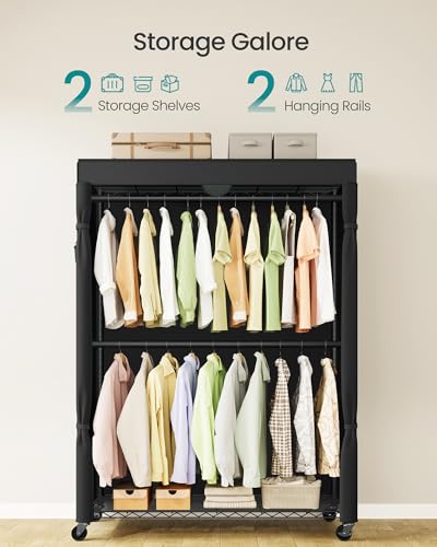 SONGMICS Heavy-Duty Rolling Clothes Rack, Garment Rack, Portable Closet on Wheels, with Adjustable Mesh Shelves and Hanging Rails, Fabric Cover, 15.8 x 43.3 x 78.3 Inches, Ink Black ULGR419BH01 - size: 43.3"W-With Fabric Cover