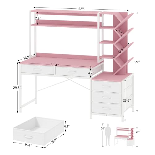 52" Computer Desk with Bookshelf, 5 Drawers ＆ Hutch for Bedroom | Pink Office Desk with Printer Shelf, Study Writing Desk with Storage Shelves - color: Pink