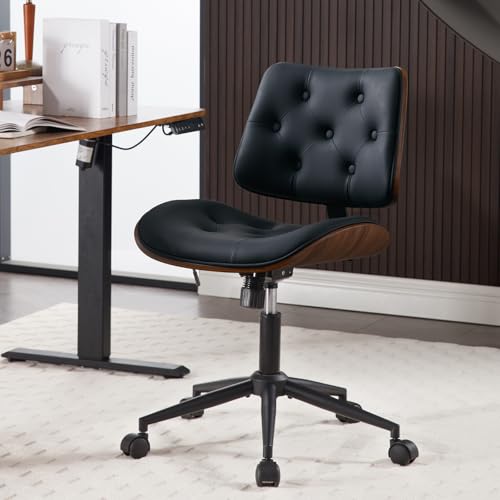 Armless Home Office Chair in Button Style, PU Leather Small, Black | PU Leather Adjustable Height Computer Desk Chair, 360 Swivel Small No Arms Office Seat, Walnut Design Stool, 300LBS Cap - color: Black, size: Button Style