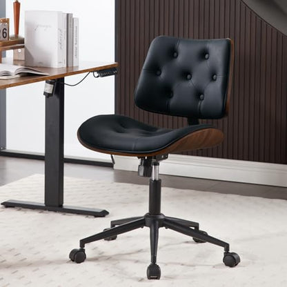 Armless Home Office Chair in Button Style, PU Leather Small, Black | PU Leather Adjustable Height Computer Desk Chair, 360 Swivel Small No Arms Office Seat, Walnut Design Stool, 300LBS Cap - color: Black, size: Button Style