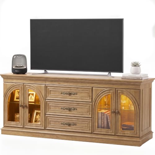 JUMMICO 63 Inch LED Farmhouse TV Stand for Living Room (Oak) | Farmhouse TV Console for TVs Up to 70 Inch, 2 Glass Doors Cabinets & 3 Drawers, Wood Entertainment Center for Living Room - color: Oak, size: TV Stand(No Charge Station)