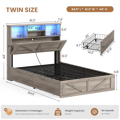 AOGLLATI Twin Bed with Storage Bookcase Headboard and 4 Drawers,Wooden Farmhouse Twin Bed Frame with Charging Station, Led Lights & Metal Slats,Grey - color: Grey, size: Twin