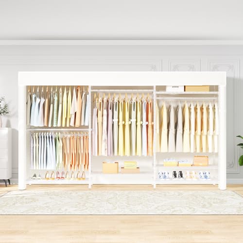 E13C Max Heavy Duty Closet Organizer System，Freestanding Clothing Racks for Hanging Clothes，Adjustable Garment Rack 86" W x16 D x77 H Hold 1100 lbs，White Rack with White Dustproof Cover - color: White Rack with White Cover, size: E13C Max