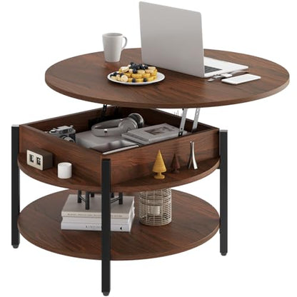 FABATO 26.77” Round Lift Top Coffee Table with Storage, Espresso | Farmhouse Coffee Table, 2 Tier Small Round Center Table, Center Table for Living Room, Circle Dining Table - color: Espresso