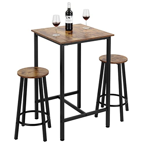 Finnhomy Bar Table Set, 23.6" Pub Table High Top Table, Square Bar Height Table, Bar Table with Stools, Kitchen Table Set for 2, Dining Table Set, Breakfast for Kitchen, Living Room, Rustic Brown - color: Rustic Brown, size: Bar Table+2Stools