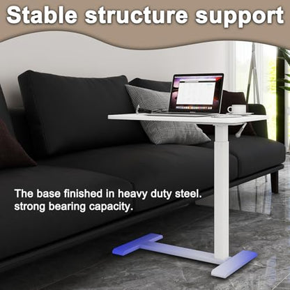 PUNCIA 27" Laptop Table with Hidden Wheels Pneumatic Standing Desk, White | Pneumatic Rolling Computer Cart Height Adjustable Beside Table Laptop Desk for Hospital Home Office Bedroom Couch