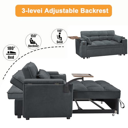 66" Multi-Functional Pull-Out Sofa Bed with Hidden Side Table, Storage Armrests, Built-in Charging Port, Spring Mattress, Solid Wood Frame – Ideal for Small Spaces, Easy Assembly - color: Black-d-l