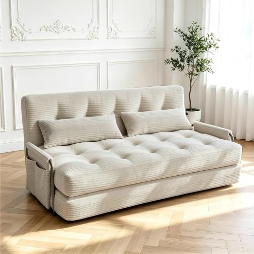 Futon Sofa Bed,Convertible Sofa Bed,Folding Boneless Couches | 3-in-1 Folding Sofa Bed,Boneless Couches for Living Room with Pillow & Side Pocket,High-density Foam,Double Sleeper,Beige - color: Beige, size: Full