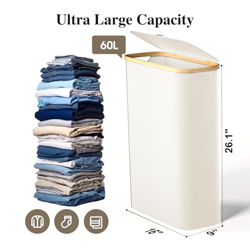 Foluck Slim Laundry Hamper, 60L Waterproof Narrow Laundry Basket with Lid and Removable Bag, Collapsible Tall Clothes Hamper with Bamboo Handles for Clothes Toys in Dorm Bedroom Bathroom, Beige - color: Beige, size: 60L