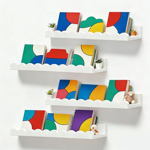 Nursery Book Shelves, Set of 4 Floating Book Shelves, Scalloped Wall Bookshelf for Bedroom, White Decor for Nursery, Baby, Toddler Room