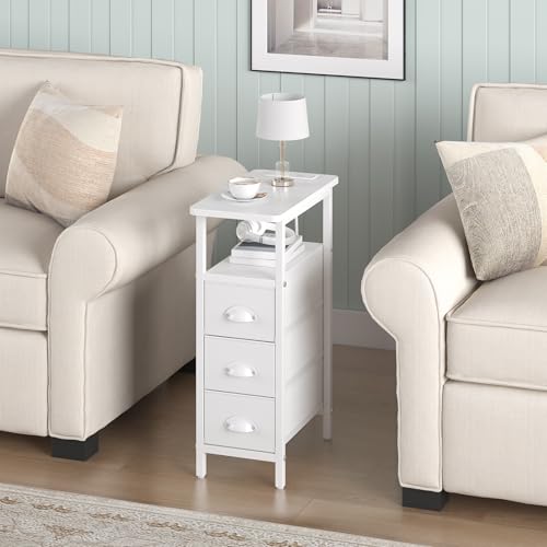 Sthmec End Table with Charging Station,Narrow Side Tables with USB Ports and Outlets,Skinny Bedside Tables with 3 Drawers,Small Tables Nightstands for Small Space,Slim Sofa Table for Livingroom, White - color: White, size: 7.88'' W*15.75'' D*24.3'' H, sty