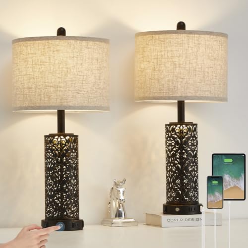 SAIWEYA 26" Set of 2 Farmhouse Table Lamp for Bedroom, Dimmable Touch | 3 Way Dimmable, 2 USB Ports + AC Outlet Bedside Lamp for Nightstand, LED Bulb Included, Fabric Shade, Flower Metal Body - color: Black-26in 2 Pack