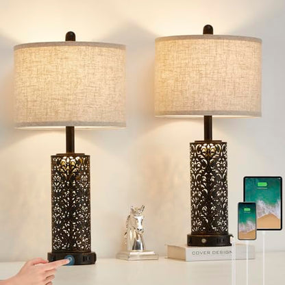 SAIWEYA 26" Set of 2 Farmhouse Table Lamp for Bedroom, Dimmable Touch | 3 Way Dimmable, 2 USB Ports + AC Outlet Bedside Lamp for Nightstand, LED Bulb Included, Fabric Shade, Flower Metal Body - color: Black-26in 2 Pack