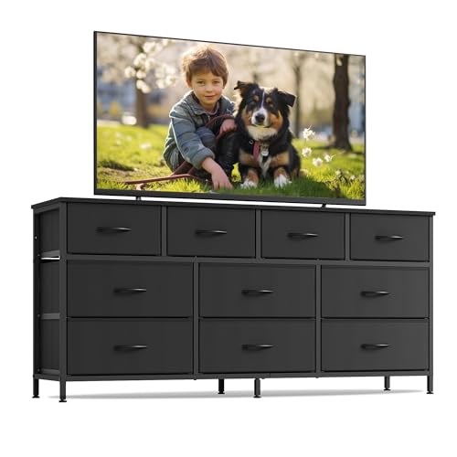 SONGMICS BELLAH Collection - Dresser for Bedroom, Chest of Drawers, TV Stand for TVs Up to 65 Inches, Living Room, Closet, 10 Drawers, Modern, Ink Black ULGS334BH02S - color: Ink Black, size: 13.8"D x 57.8"W x 26.8"H (10 Drawers)
