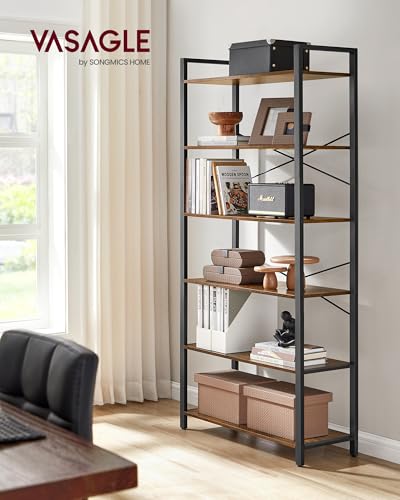 VASAGLE 6-Tier Bookshelf with Steel Frame, 31.5 x 11.8 x 72.6 Inches | Book Shelf, Modern Basic, Living Room, Home Office, Study, Rustic Brown and Matte Black, BARNET Collection ULLS082B01 - color: Rustic Brown + Ink Black, size: 6 Tiers (11.8"D x 31.5"W)