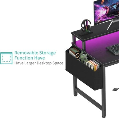 Lufeiya Small Desk with Power Outlets and LED Lights, 32 Inch Teen Writing Study Table Home Office Computer Desks with Monitor Stand, Gaming Desk with Charging Station, Black - color: Black, size: 31.5"