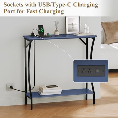 ARTPOWER Wood Narrow Console Table with Built-in Power Outlets, Blue | Slim Behind Couch Sofa Table with Charging Station, Skinny Entryway Table with Open Shelf for Living Room, Hallway, Foyer - color: Blue, size: 1-pack