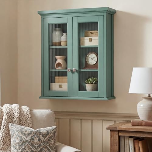 Over The Toilet Storage Cabinet, Bathroom Cabinet Wall Mounted with Built-in Level, Medicine Cabinet with Fluted Glass Doors, Wall Cabinet for Bathroom, Kitchen, Laundry Room, Halcyon Green - color: Halcyon Green