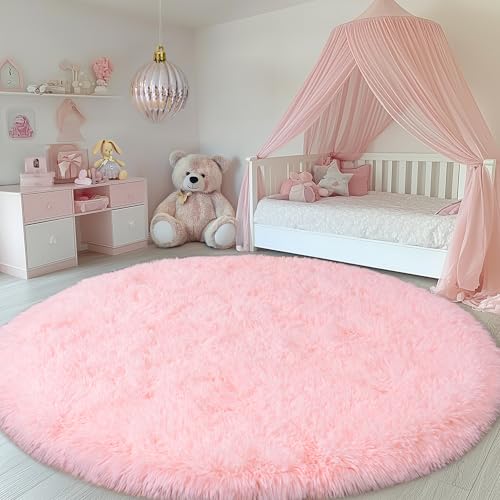 6ft Pink Round Shag Rug for Girls Bedroom, Washable Non-Slip | Soft Fluffy Pink Circle Rug for Kids Room Dorm Living Room Home Decor, Thick Memory Sponge, Flame Resistant - color: Pink, size: 6' (Round)