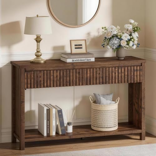Console Tables for Entryway, Console Table with Drawers, 47In Sofa Table with Storage, Narrow Entryway Tables with 2-Tier Shelf, Farmhouse Fluted Couch Tables for Living Room, Rustic Oak - color: Rustic Oak