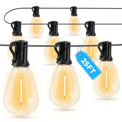 GvvooHome LED Outdoor String Lights, 25FT Waterproof Patio Lights with 9 Shatterproof S11 Plastic Bulbs, 2700K Warm White Edison Hanging Lights for Backyard, Garden, Porch, Bistro - size: 25FT