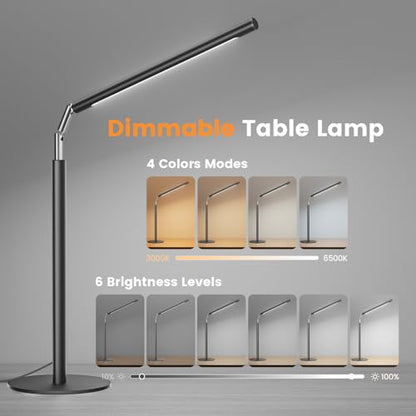 Metal LED Desk Lamp, 16" Dimmable Desk Light with Base, 15W 1200LM, Adapter Included, Color & Brightness Adjustable, Modern Tall Table Lamp for Home Office Reading Study Task Laptop, Black - color: Black
