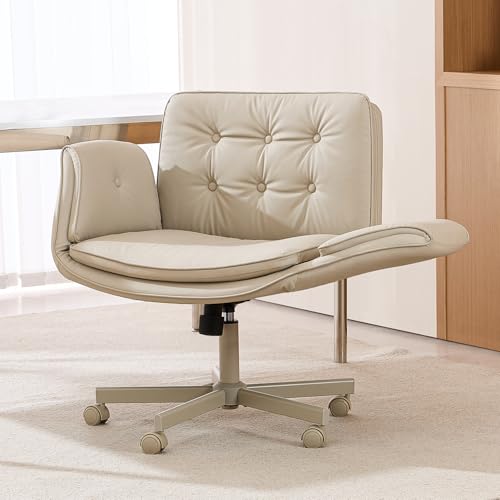 amseatec Criss Cross Office Chair, Swivel Makeup Vanity Chair with Wheels | Wide PU seat supports cross-legged, fidget-friendly sitting; 5-level armrests create pet space; wipe-clean finish eases care - color: Cream