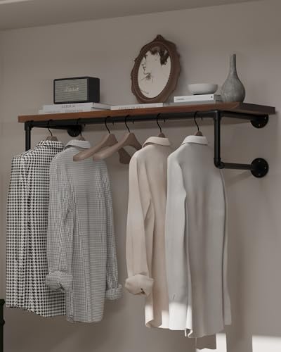 Clothes Rack 36in, Wall Mounted Garment Racks with Real Walnut Wood Shelves, Heavy Duty Hanging Clothes Rack, Multi-Purpose Hanging Rod, Space-Saving Closet Storage - color: Walnut, size: 1T36IN