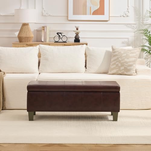 41" Storage Ottoman, Storage Bench with Safety Hinge, Upholstered Synthetic Leather Ottoman Bench for Bedroom, Living Room, Entryway, Hallway, Foot Rest, Support 500lbs - color: Dark Brown, size: 41 inch