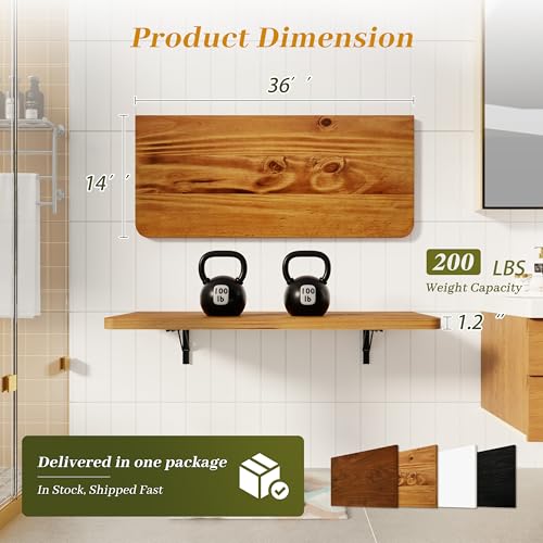 Dogsky 36" x 14" Floating Wall Desk, Fold Down Wall Table - 200 lbs Heavy Duty Solid Pine Wall Mount Folding Desk for Home Office, Laundry Room, Kitchen & Small Apartment, Burning Yellow - color: Burning Yellow, size: 36'' x 13.7'' x 6.3''