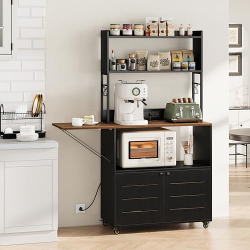Bakers Rack with Power Outlet and Storage, 5-Tier Microwave Stand | Farmhouse Kitchen Hutch with Cabinet and Wheels, Coffee Bar with Foldable Side Table, Storage Shelves, 6 Hooks, Black - color: Black