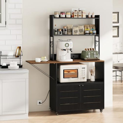 Bakers Rack with Power Outlet and Storage, 5-Tier Microwave Stand | Farmhouse Kitchen Hutch with Cabinet and Wheels, Coffee Bar with Foldable Side Table, Storage Shelves, 6 Hooks, Black - color: Black