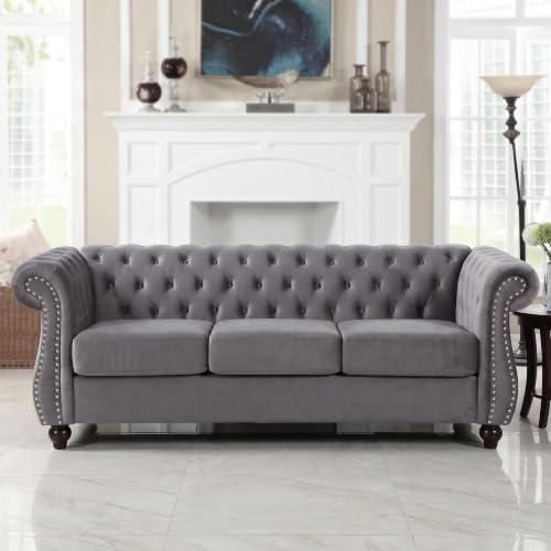 GDFStudio Modern Chesterfield Sofa, Comfy Upholstered Couch with Rolled Arms, Deep Seat 3 Seater Sofa for Living Room, Button Tufted Crushed Velvet Upholstery, High Density Foam Spring Support, Gray - color: Grey, size: 3 Seat