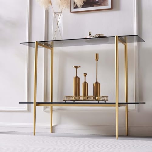 LumFurn Glass Console Table for Living Room, Foyer & Entrance, 2-Tiers Mid-Century Modern Sofa Table with Grey Glass Top, Black Marble Finish Wood Shelf and Gold Finish Frame - color: Grey & Black Marble