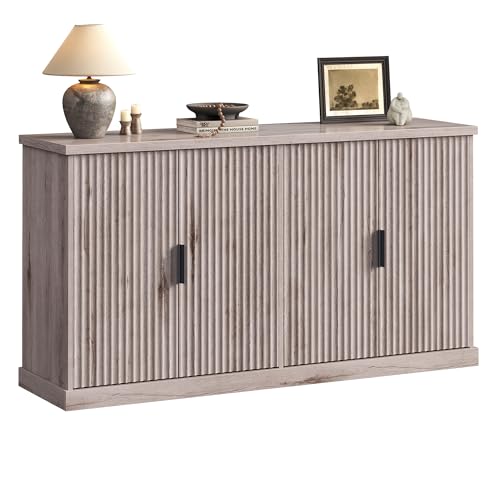 VASAGLE MAXE Collection - Buffet Cabinet, Fluted Console Cabinet, Sideboard with Adjustable Shelves, Mid Century Modern Buffet Table, 15.8 x 58.3 x 31.5 Inches, Washed Gray UBBK382G01S - color: Washed Gray, size: 58.3"W, style: 1 Pack