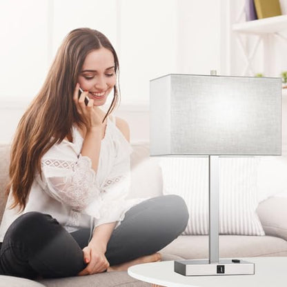 Lynnoland 21" Set of 2 Table lamp with USB A+C & AC Outlets, Touch Control 3-Way Dimmable Nightstand Lamps for Bedroom Living Room Office Reading, Gray Shade Touch Lamps, 5000K LED Bulbs Included - color: (2 Pack)Gray Linen & Brushed Nickel (Base)-5000K B