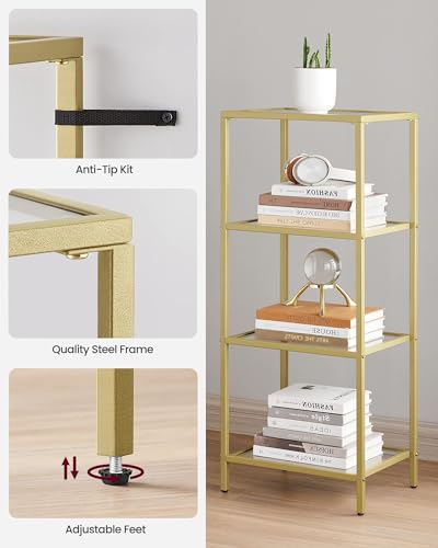 VASAGLE Bookcase, 4-Tier Bookshelf, Slim Shelving Unit for Bedroom, Bathroom, Home Office, Tempered Glass, Steel Frame, Metallic Gold ULGT28G - color: Metallic Gold, size: 4 Tiers (15.7"W x 37.4"H)