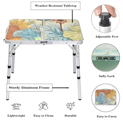 Small Folding Camping Table, 2ft Portable Picnic Table Aluminum 24" x 16", 3 Adjustable Heights Lightweight Dining Table for RV, Picnic, Beach (Sunflower) - color: Sunflower