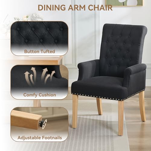 WUTUTUEE Fabric Dining Chair with Arms, Upholstered Tufted High Back Dining Room Chairs, Accent Armchair with Solid Wood Leg and Nailhead Trim, Kitchen Dining Living Room, Black - color: Black, size: 1 PC