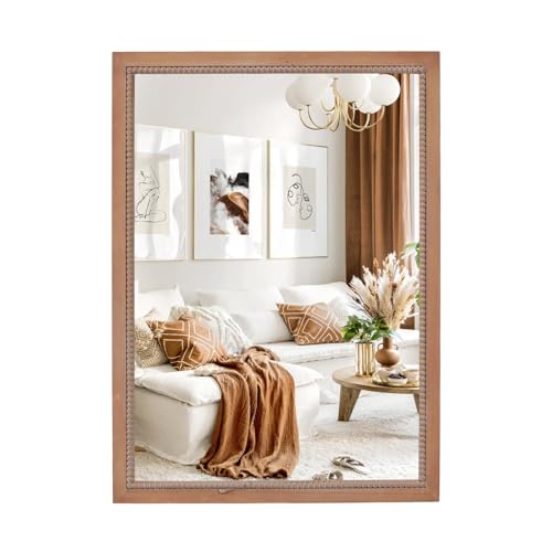 sawsile Rectangular Wood Mirror,22x30 inch Rustic Farmhouse Natural Wooden Frame Boho Beads Wall Mirror for Bathroom,Living Room,Bedroom or Entryway - color: Nature, size: 30"L x 22"W
