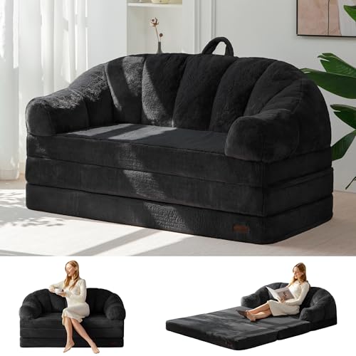 MAXYOYO Folding Sofa Bed, 2 in 1 Convertible Sofa to Lounger | Comfy Loveseat Bean Bag Chair for Adults, Floor Couch with Handle, Faux Fur Couch Bed for Living Room Bedroom, Black - color: Black, size: Loveseat