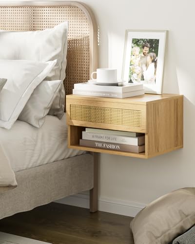 Modern Floating Nightstand with Drawer, Wall Mount Shelves, Oak Rattan | Small Space Saver, Modern Minimalist Design, Wall Mounted Shelves, for Bedroom, Bathroom, Living room, Easy Assembly, Rattan - color: Oak Rattan
