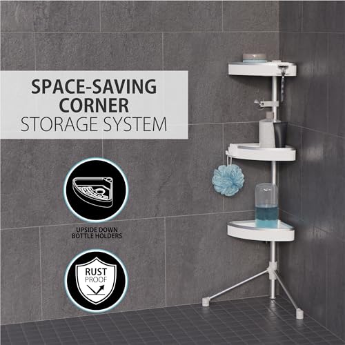 Better Living HiRise 3 Standing Corner Shower Caddy, White | Adjustable 3 Large Baskets, Aluminum Rustproof Bathroom Shower Organizer with Storage Hooks, No Drill, Shower Organizer