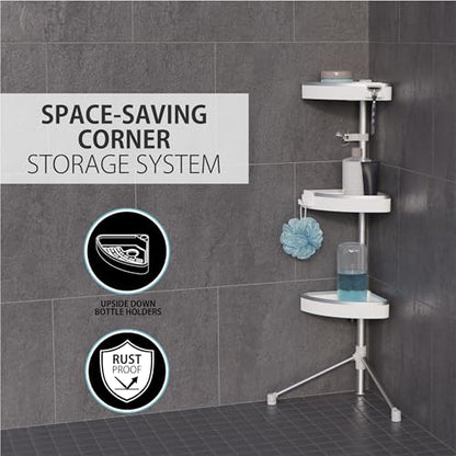 Better Living HiRise 3 Standing Corner Shower Caddy, White | Adjustable 3 Large Baskets, Aluminum Rustproof Bathroom Shower Organizer with Storage Hooks, No Drill, Shower Organizer